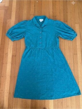 Vintage 80s Silk Studio 100% Silk Dress Teal Blue Raindrop Puff Sleeve Midi